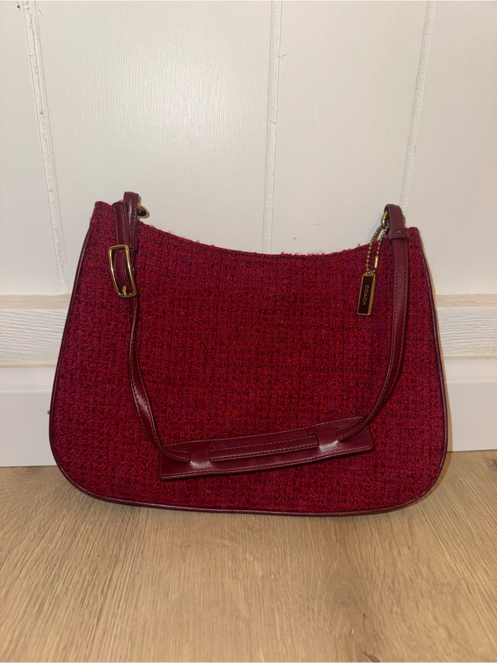 Coach Burgundy Tweed Shoulder Bag with Leather Trim